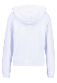 Bílá mikina s kapucí, dlouhými rukávy a zkráceným střihem. Vyrobena z měkké látky s hladkou texturou bez viditelných vzorů nebo ozdob.