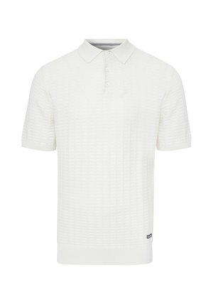 Polo shirt bianco a maniche corte con un motivo testurizzato, chiusura a tre bottoni e colletto e orlo a coste. Piccolo logo del marchio sull'orlo.