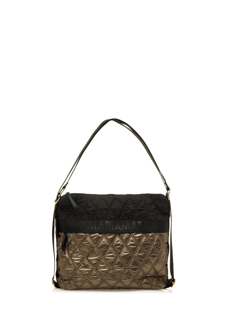 Borsa trapuntata con una parte superiore nera e un fondo bronzeo metallico. Dispone di una tracolla e del logo del marchio impresso sulla parte superiore.
