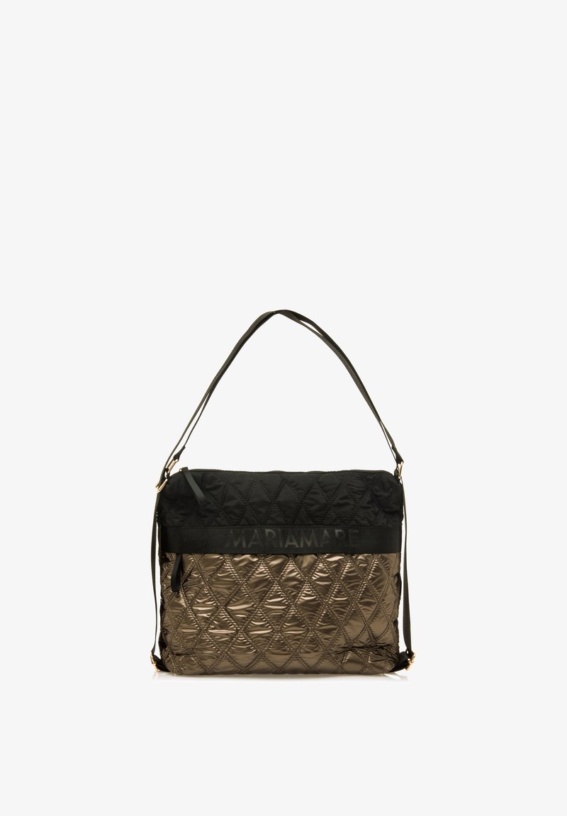 Borsa trapuntata con una parte superiore nera e un fondo bronzeo metallico. Dispone di una tracolla e del logo del marchio impresso sulla parte superiore.