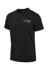 Sort bomulds T-shirt med korte ærmer, prydet med "LP10" i grå skrift på forsiden og en klassisk rund halsudskæring.