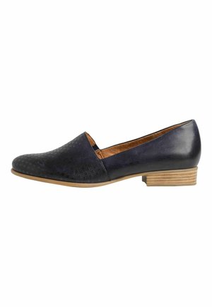 Navy leather flat shoe with a textured, patterned toe and smooth heel, features a low wooden block heel and open sides for breathability.