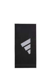 Czarny ręcznik o teksturowanej powierzchni, z dużą szaro-skalną grafiką w kształcie trójkąta. Zawiera poziome paski na dole.