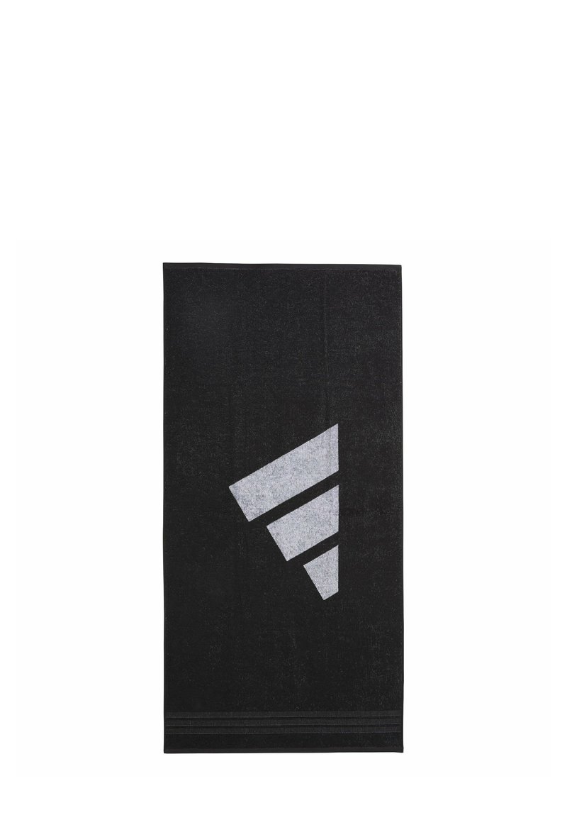 Czarny ręcznik o teksturowanej powierzchni, z dużą szaro-skalną grafiką w kształcie trójkąta. Zawiera poziome paski na dole.