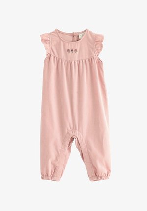Romper de algodón rosa con mangas cortas con volantes, puños elásticos y tres acentos de bordado floral en el pecho. Diseñado para la comodidad.