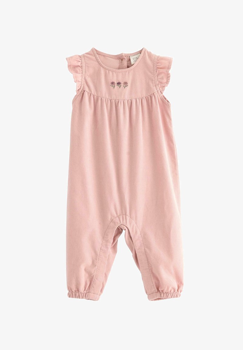 Rosa Baumwollstrampler mit kurzen, schulterfreien Rüschensäumen, elastischen Bündchen und drei floralen Stickereien auf der Brust. Entworfen für Komfort.