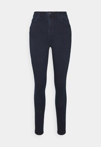 Högmidjade skinny jeans i mörk marinblå denim. Har bältesöglor, framknäppning och klassisk femficka-design. Slät textur.