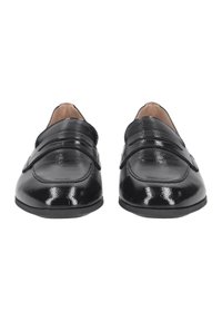 Black patent leather loafers with a smooth finish, featuring a raised band across the front and rounded toe design. No visible hardware.