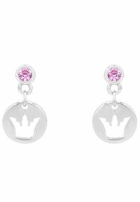 Pendientes de plata con un diseño circular, que presentan una silueta de corona cortada y piedras preciosas rosas en la parte superior. Textura suave, acabado pulido.