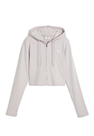 Sweat à capuche zippé gris clair côtelé, manches longues, cordons et petit logo Puma sur la poitrine.