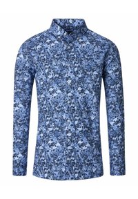 Langsleeve bluse met een blauw bloemenpatroon op een donkerblauwe achtergrond, gemaakt van lichte stof met een button-down kraag.