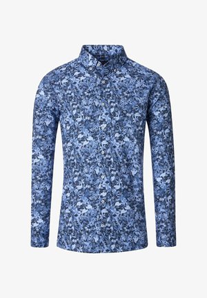 Langärmliges Hemd mit einem blauen Blumenmuster auf dunklem blauen Hintergrund, aus leichtem Stoff gefertigt und mit einem Button-down-Kragen.