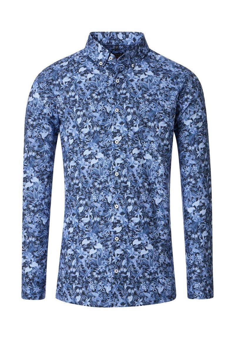 Langsleeve bluse met een blauw bloemenpatroon op een donkerblauwe achtergrond, gemaakt van lichte stof met een button-down kraag.