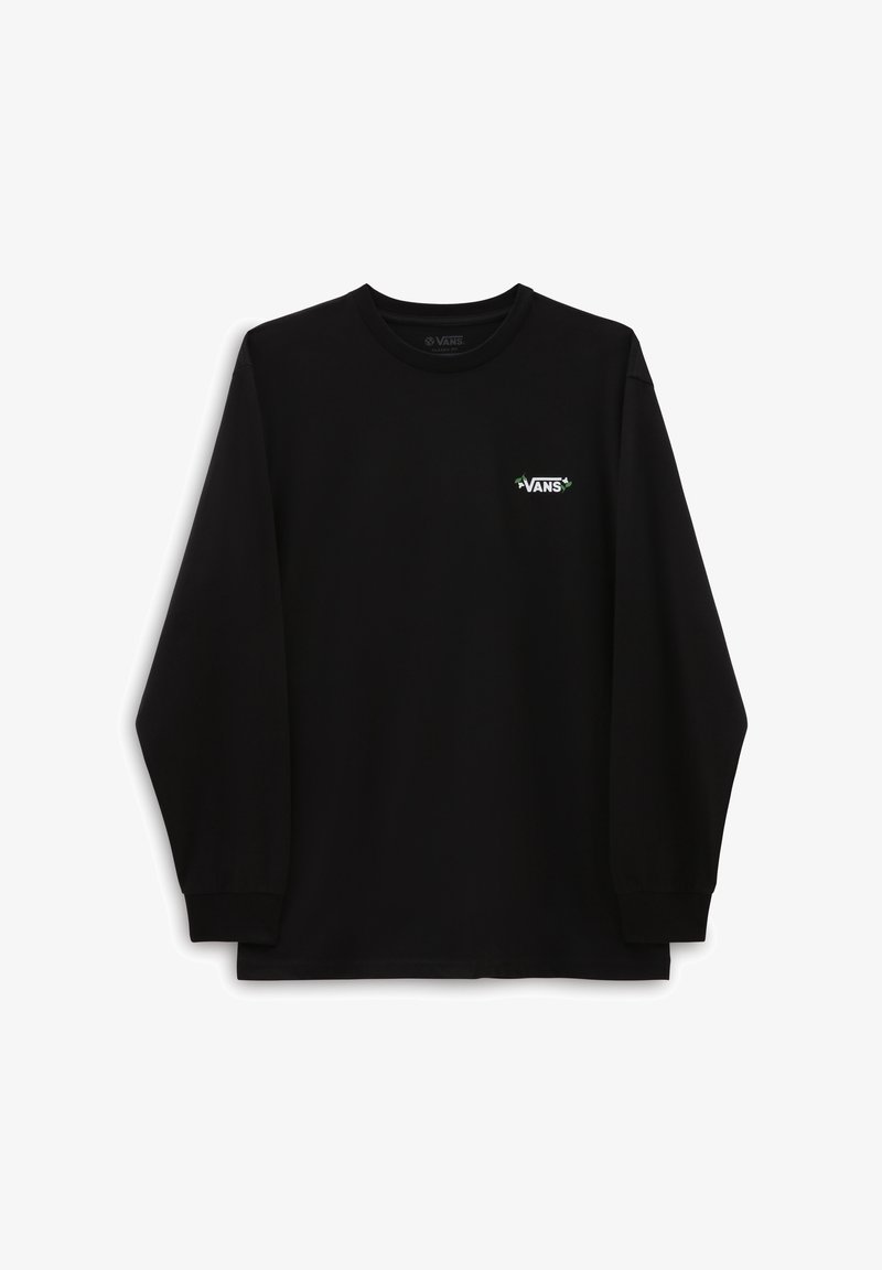 Maglietta nera a maniche lunghe realizzata in tessuto morbido, con il logo "VANS" verde e bianco sulla parte sinistra del petto. Design semplice e senza fronzoli.