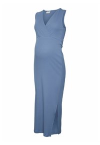Robe de maternité bleue sans manches avec encolure en V, taille empire, fente latérale et ourlet à hauteur du genou.
