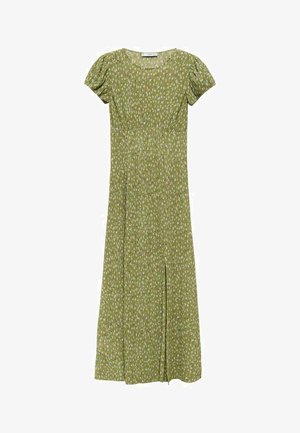 Zielona sukienka w kwiatowy wzór z krótkimi bufkami i rozcięciem z przodu, wyeksponowana wisząca na neutralnym tle.