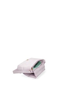 Borsa in suede viola chiaro con forma rettangolare, scomparti con zip e chiusura a bottone rotondo. Texture liscia, include tasche interne.