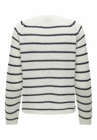 Knitted sweater with a cream base and navy blue horizontal stripes. Features a round neck and long sleeves, with a textured pattern.