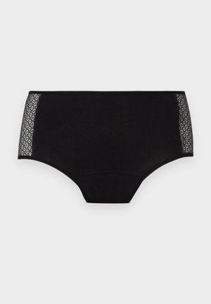 Černé bavlněné hipster kalhotky s krajkovými bočními panely s geometrickým vzorem. Pás je elastický a hladký pro pohodlí.