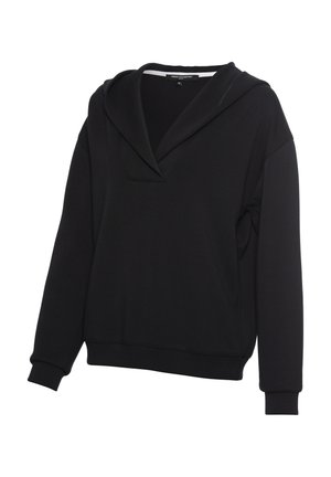 Schwarzer Kapuzenpullover mit tiefem V-Ausschnitt, langen Ärmeln, gerippten Bündchen und weichem Material. Schlichtes, minimalistisches Design.