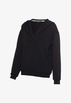 Schwarzer Pullover mit V-Ausschnitt und übergroßer Kapuze. Verfügt über lange Ärmel und eine lockere Passform. Weicher Stoff ohne sichtbare Logos oder Muster.