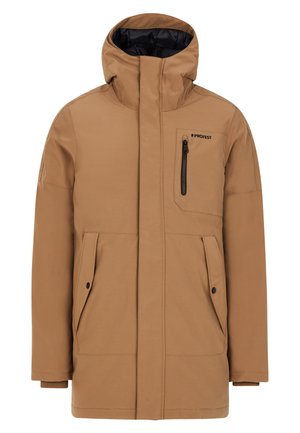 Bruine geïsoleerde jas met een hoge kraag, voorrits, twee zijzakken en een ritszak op de borst. Heeft een logo op de borst.