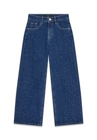 Wijdvallende denim jeans in donkerblauw, met verspreide rhinestones aan de voorkant. Klassiek vijf-pocketontwerp met een sluiting met een knoop aan de voorkant.