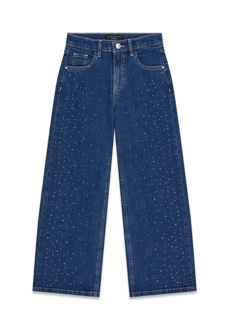 Wijdvallende denim jeans in donkerblauw, met verspreide rhinestones aan de voorkant. Klassiek vijf-pocketontwerp met een sluiting met een knoop aan de voorkant.