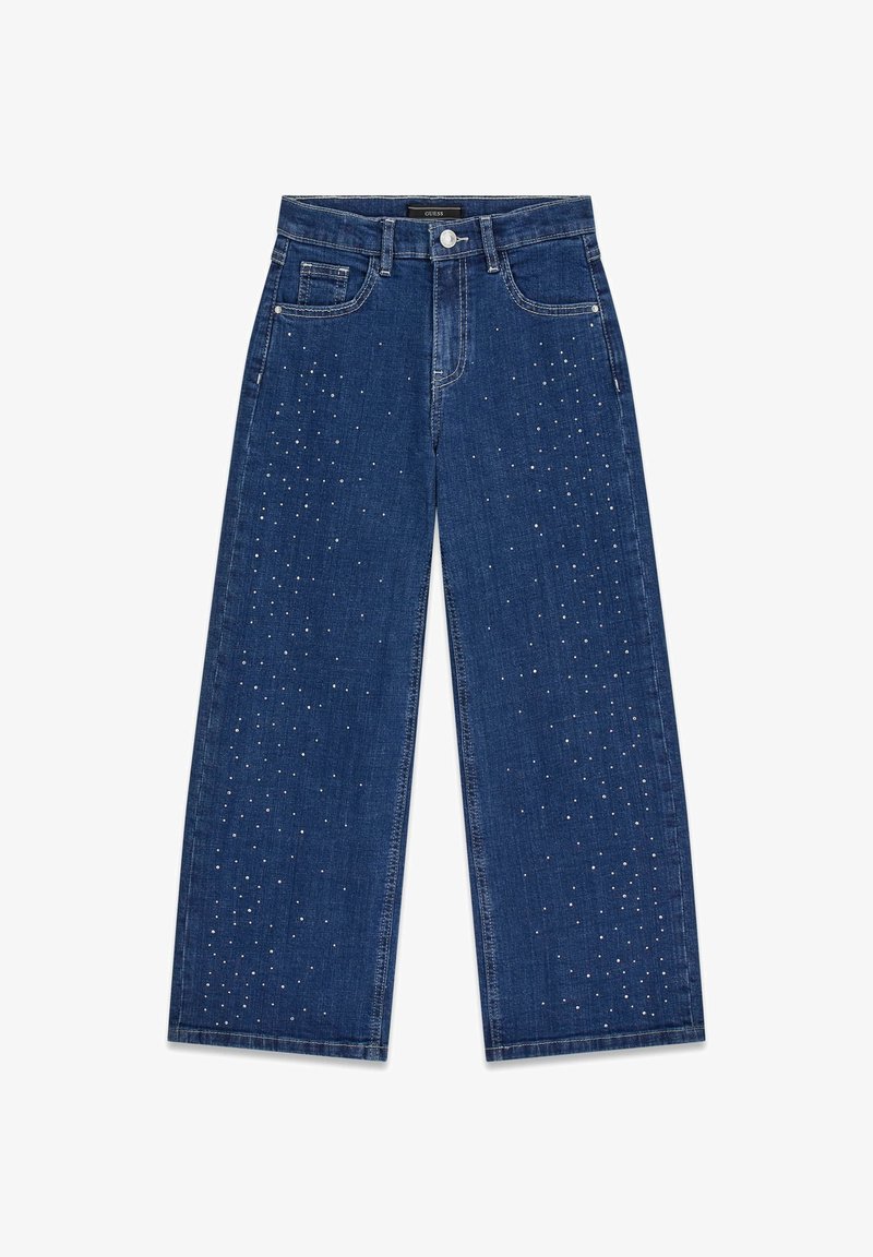 Wijdvallende denim jeans in donkerblauw, met verspreide rhinestones aan de voorkant. Klassiek vijf-pocketontwerp met een sluiting met een knoop aan de voorkant.