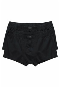 Lot de trois boxers noirs, fabriqués en tissu doux, avec des ceintures élastiques et des ouvertures à l'avant, au design simple.