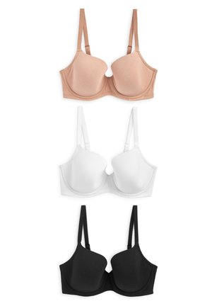Tři podprsenky v nude, bílé a černé barvě, s vycpanými košíčky, nastavitelnými ramínky a hladkým materiálem bez viditelných ozdob.