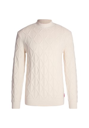 Maglione color crema realizzato in tessuto lavorato a maglia, caratterizzato da un motivo a diamante testurizzato, con colletto, polsini e'orlo a coste.