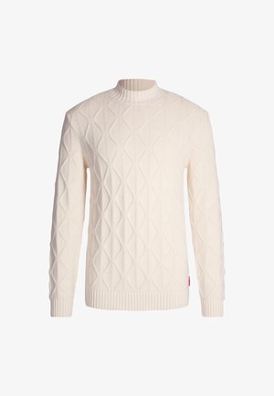 Cremefarbenes Sweatshirt aus gestricktem Stoff mit einem strukturierten Rautenmuster, geripptem Kragen, Bündchen und Saum.