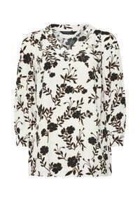 Hvid bluse med et sort blomsterprint, korte ærmer og V-udskæring. Letvægtsstof med en elegant fald.