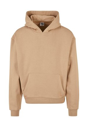 Beige hoodie lavet af blødt stof, med en stor forlomme, en hætte med snøre og ribbede manchetter og kant.