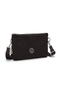 Borsa a pochette nera con zip, realizzata in tessuto testurizzato, hardware argentato e un accento rotondo con logo. Dotata di una tracolla regolabile per una maggiore versatilità.