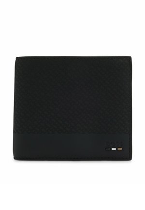 Portefeuille noir pliable avec section supérieure texturée, section inférieure lisse, et petit logo embossé "BOSS" avec des rayures noires, blanches et beiges.