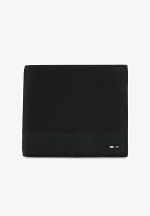 Cartera negra de tipo bifold con sección superior texturizada, sección inferior lisa y pequeño logo "BOSS" en relieve con rayas negras, blancas y beige.