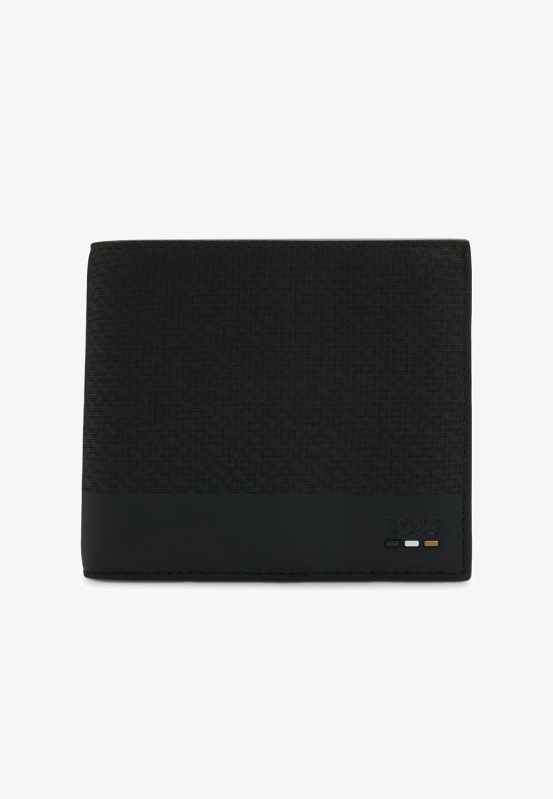 Portefeuille noir pliable avec section supérieure texturée, section inférieure lisse, et petit logo embossé "BOSS" avec des rayures noires, blanches et beiges.