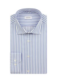Chemise bleue et blanche à rayures verticales, pliée, avec poignets boutonnés et col ouvert, étiquetée Seidensticker.