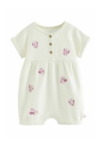 Krämfärgad ribbstickad babyoverall med korta ärmar, knappar av trä och små lila Minnie Mouse-ansikten tryckta på framsidan.
