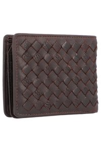 Brown leather wallet with a woven design. Features a textured surface, dark stitching, and a bi-fold structure. Compact and rectangular shape.