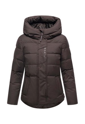 Braune gepolsterte Winterjacke mit hohem Kragen, Frontreißverschluss, der von einer Klappe verdeckt wird, und zwei seitlichen Taschen.