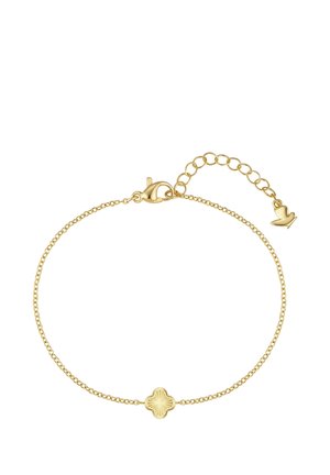 Fijn gouden armband met een centraal bedeltje in de vorm van een vierbladige klaver en een verstelbare sluiting met een klein vogelbedeltje.