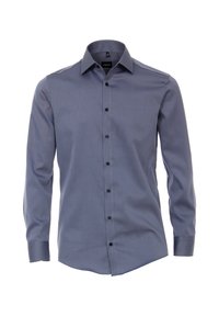 Donkerblauw overhemd met lange mouwen, met knoopsluiting, gemaakt van gladde stof. Heeft een klassieke kraag en zes knopen aan de voorkant. Geen patronen of accenten.