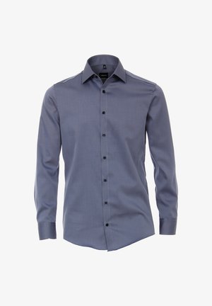 Dark blue long-sleeve shirt, button-up style, made of smooth fabric. Features a classic collar and six front buttons. No patterns or accents.