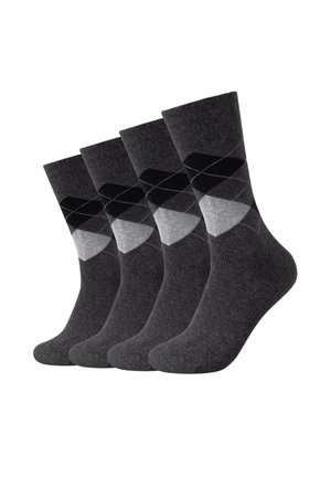 Four pairs of men's socks in varying shades of gray, featuring a diamond pattern in black and lighter gray, made from a soft, textured fabric.