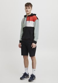 Felpa con cappuccio caratterizzata da un design a blocchi di colore in rosso, bianco, menta e nero. Da abbinare a pantaloni corti neri e sneakers blu navy. Materiale in cotone.