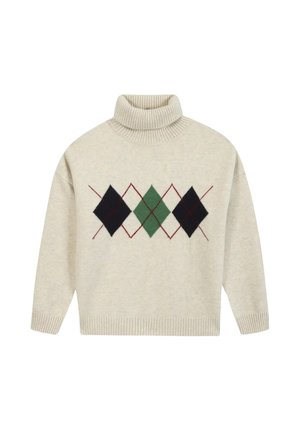 Maglione beige a collo alto con maniche lunghe e motivo argyle frontale con rombi neri, verdi e rossi.