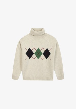 Pull col roulé beige à manches longues avec un motif losanges argyle devant, présentant des formes noires, vertes et rouges.